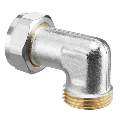 Metallene Winkelverschraubung von Oventrop mit einem rechten Winkel und Gewindeanschlüssen, geeignet für Rohrverbindungen.